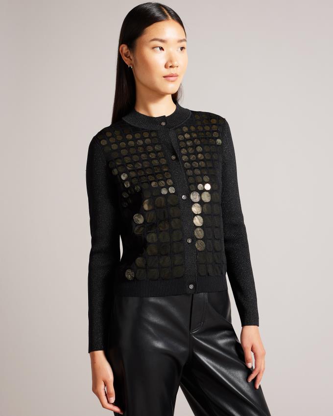 Cardigan Ted Baker Sequin Front Embellished Noir Femme | IQL-68825877